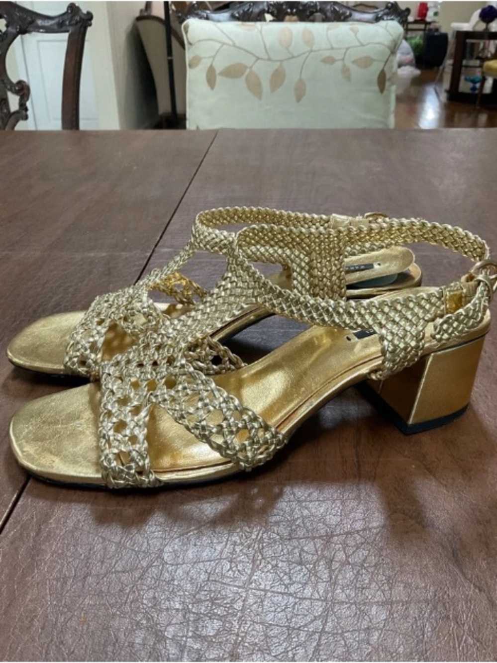 Zara Metallic Gold Braided Block Heel Sandals